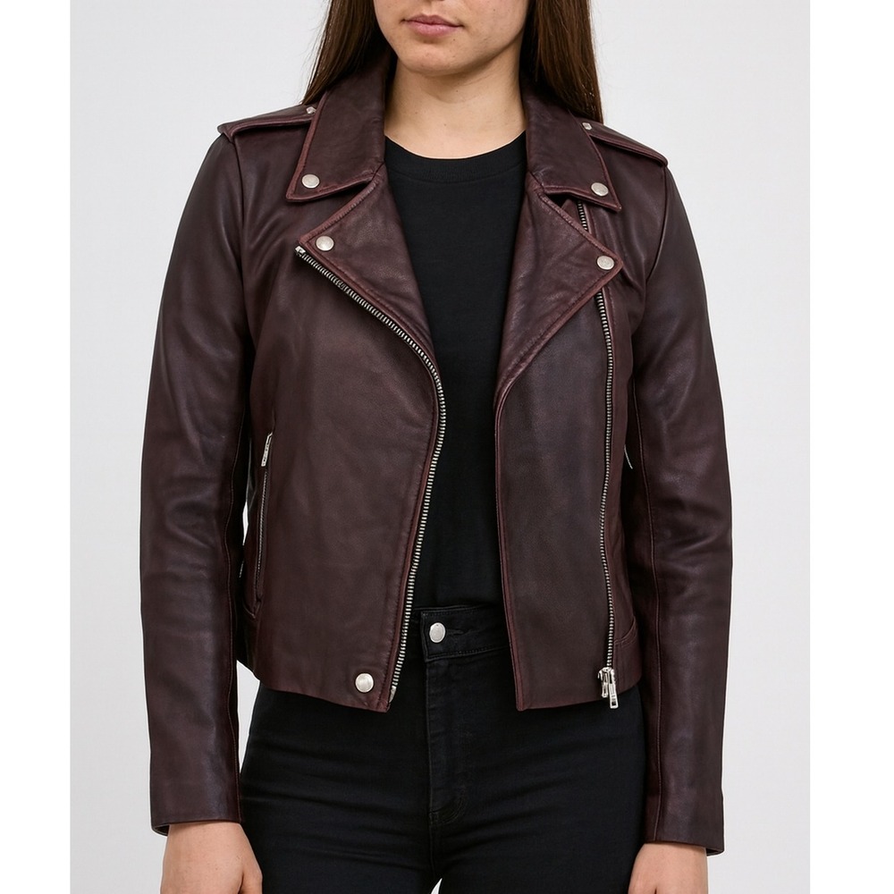 Amaryllis Genuine Leather Women's Moto Jacket - XS - Burgundy